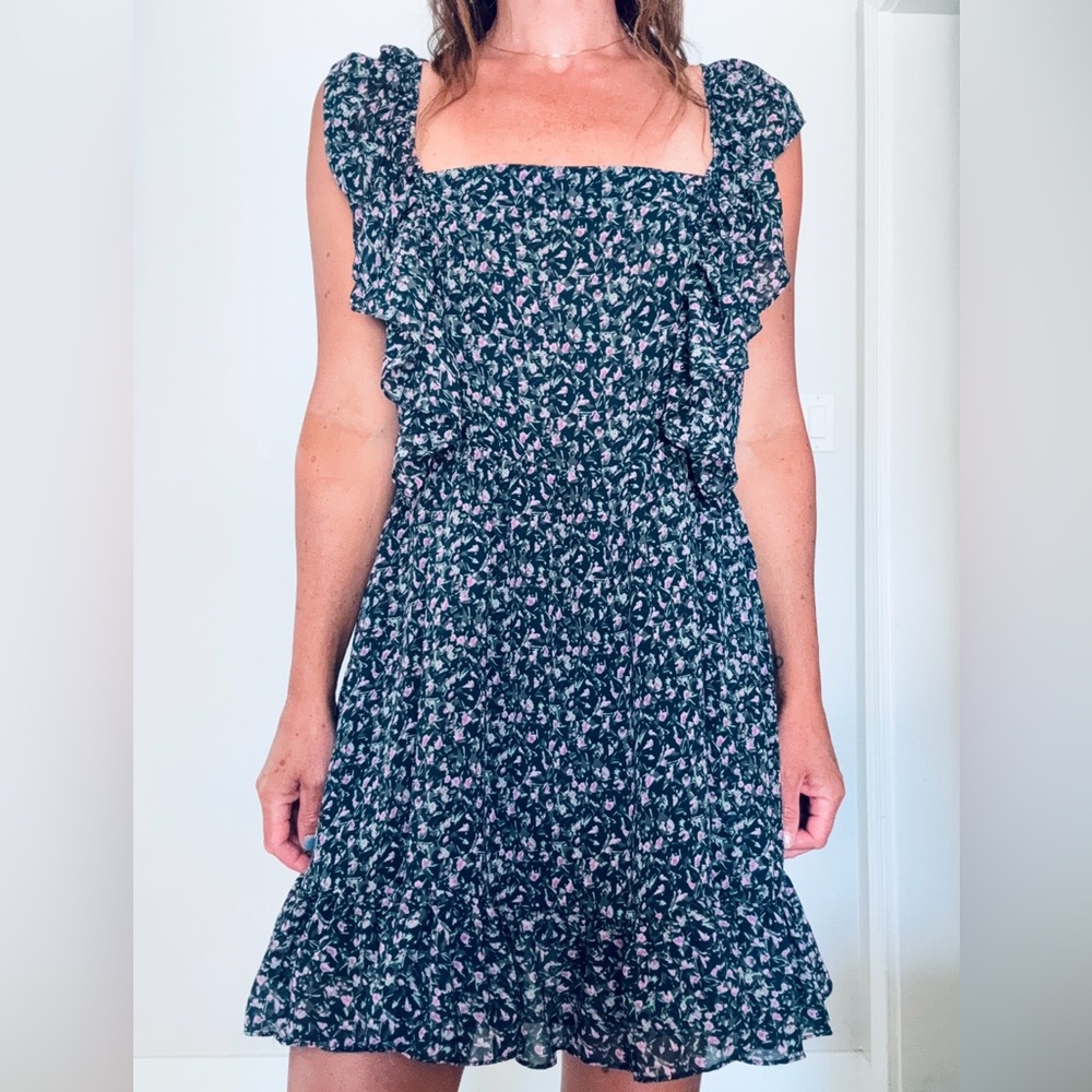 Essue Navy and Pink Floral Open Back Ruffle Mini Dress size L